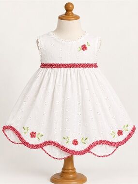 Vintage 90s Little Bitty Baby Girl White Eyelet Gingham Floral Dress
